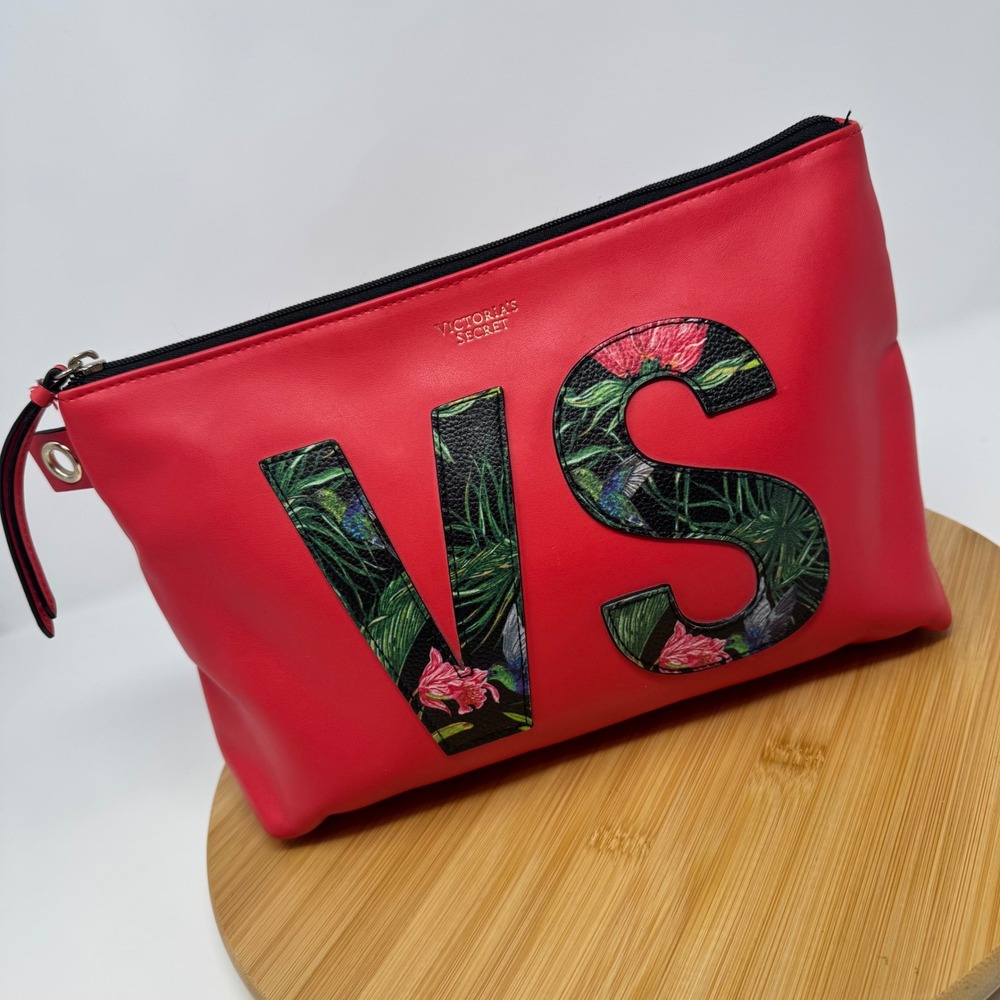 Victoria's Secret Makeup Bag Women Red Floral VS Logo Pouch Good Travel Case